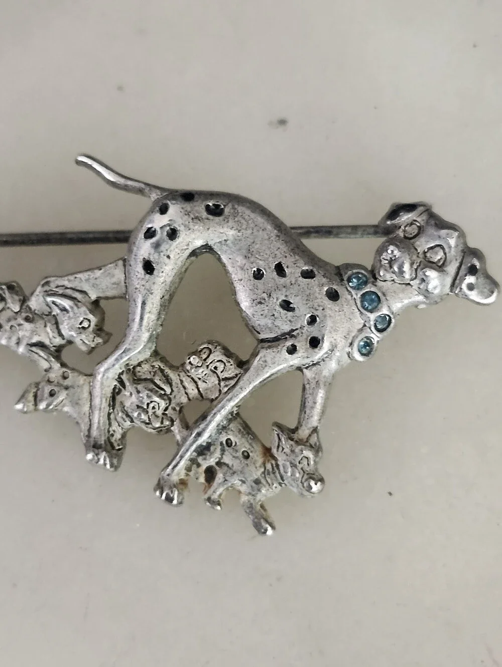 Silver Tone Dalmatian Mother & Puppies Brooch with Blue Accents
